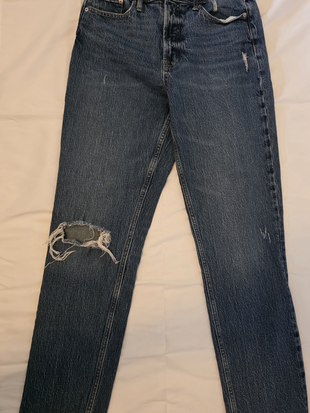 Straight-Leg High-Rise Women’s Jeans in Dark Blue with Knee Distress
